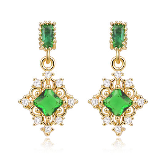 PIARA复古宫廷祖母绿宝石满钻耳钉EAB0008 商品图0