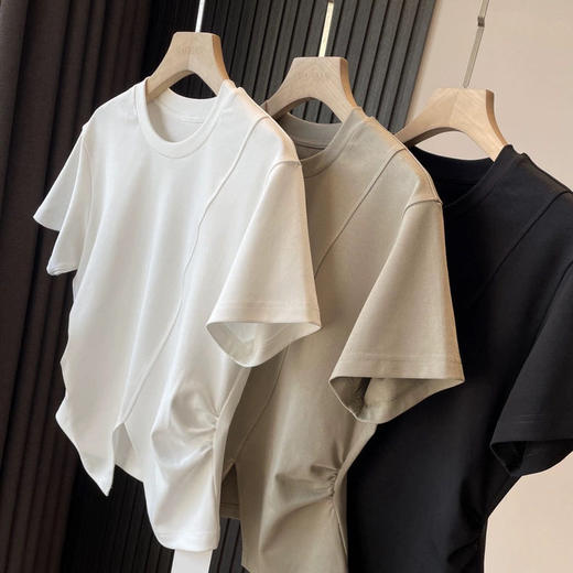 ✨宝藏tee~【前开叉显瘦圆领T恤】王炸捏褶设计收腰修身前开叉设计显瘦百搭圆领短袖T恤女 商品图5