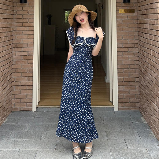 西遇两穿吊带连衣裙女夏季新款蕾丝花边抹胸鱼尾修身碎花长裙SS050670 商品图1