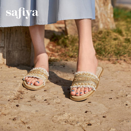 预售7天|Safiya/索菲娅2025夏季时尚小香风外穿休闲气质百搭平底一字拖SFD2110353 商品图3