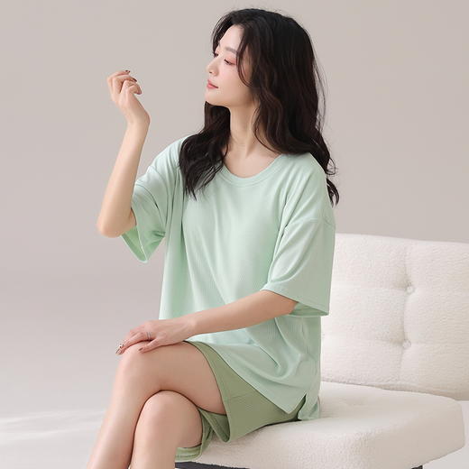 自然醒朝云（带胸垫）一体睡衣女夏季冰丝螺纹短袖短裤纯色简约慵懒风家居服套装QH 商品图9
