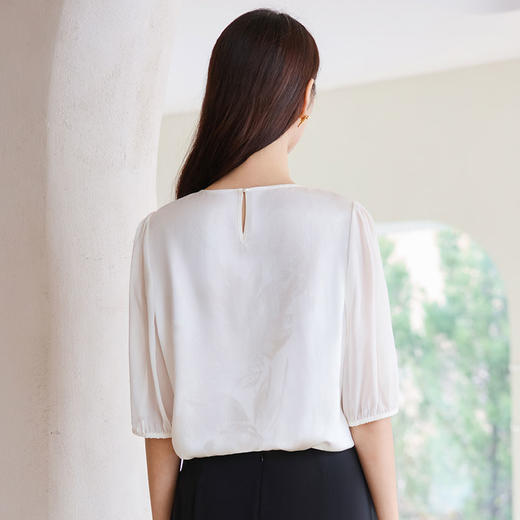 玳莎真丝花罗圆领小衫女2025年夏季新款100%桑蚕丝提花五分袖上衣  FB31202 商品图2