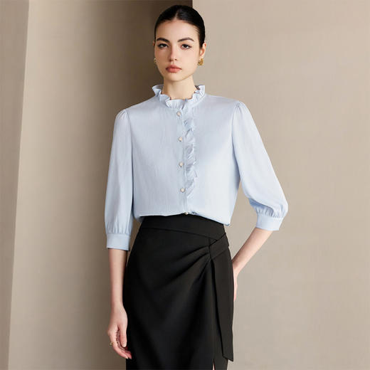 IWY/气质减龄蓝色衬衫女设计感圆领七分袖衬衣夏季新款工作服25B759 商品图1