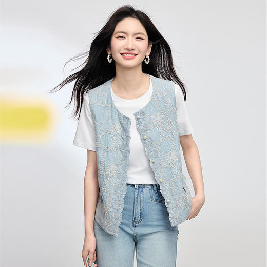 【年货节】熙世界国风蕾丝绣花马甲背心女夏薄款2025新中式圆领无袖坎肩上衣 商品图4