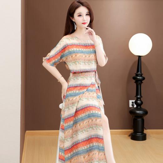 QYM 25DS667-L条纹印花连衣裙气质减龄系带收腰显瘦A字裙 商品图2