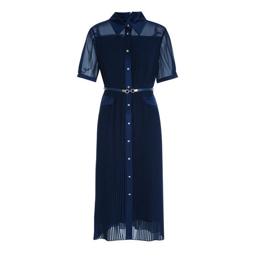 EITIE爱特爱夏季新款通勤单排扣深蓝色A字压褶连衣裙7807558 商品图5