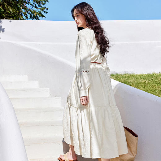 时尚优雅莫代尔流苏绑带V领泡泡袖茶歇裙镂空花边配腰带A字连衣裙-W51L58183 商品图1