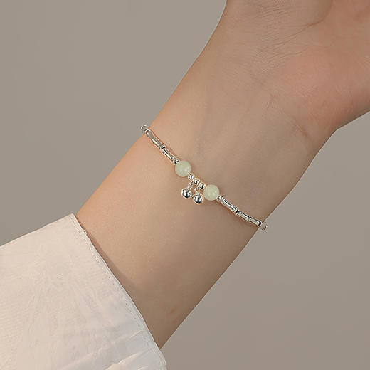 Winy925银竹节铃铛和田玉手链配证书送女友闺蜜节日生日礼物 商品图1