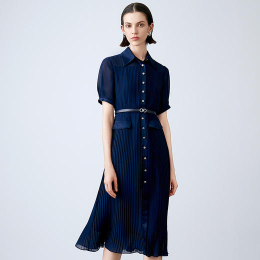 EITIE爱特爱夏季新款通勤单排扣深蓝色A字压褶连衣裙7807558 商品图2
