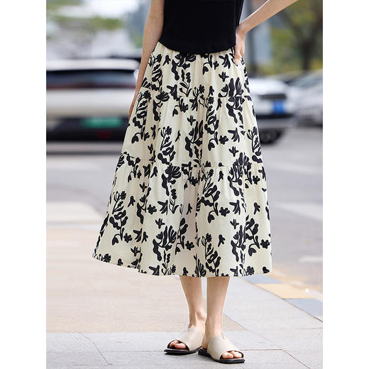 【夏日新品】熙世界复古水墨碎花半身裙女夏款高腰显瘦气质a字蛋糕长裙 商品图3