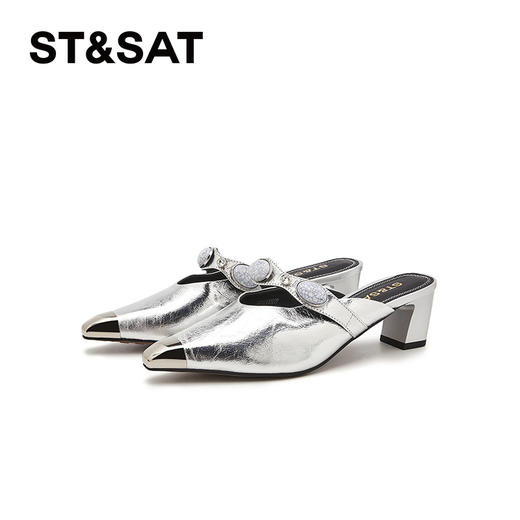 星期六中式风晕染金属尖头粗跟穆勒拖SSD2110EPP 商品图9