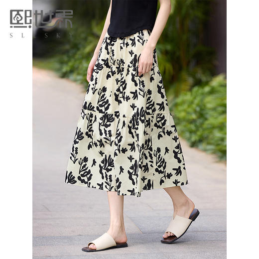【夏日新品】熙世界复古水墨碎花半身裙女夏款高腰显瘦气质a字蛋糕长裙 商品图0