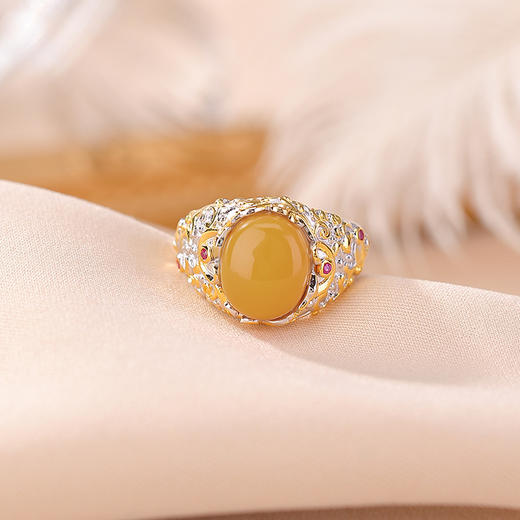 【神鸟凤凰】S925纯银分色蜜蜡水红蛋面椭圆花纹戒指【CW-JZ06957】 商品图5