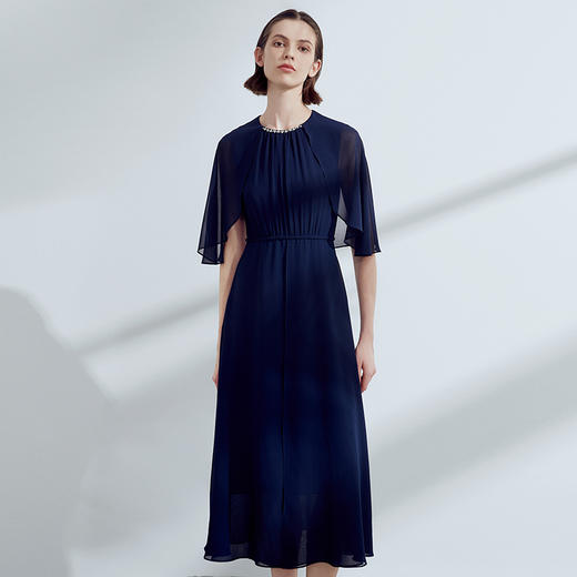 EITIE爱特爱夏季新款时尚洋气网纱拼接收腰压褶连衣裙7807559 商品图4