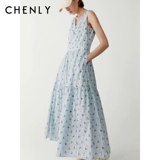 不退不换！尘衣｜25春夏纯棉帆船印花无袖V领连衣裙 商品图0