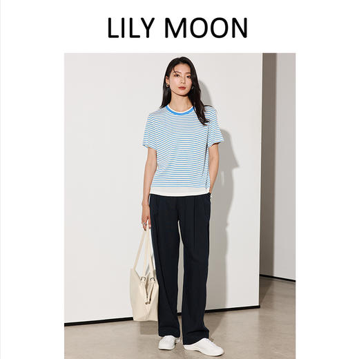 LILYMOON【条纹撞色短袖T】天丝羊毛双层领拼接T恤 商品图1
