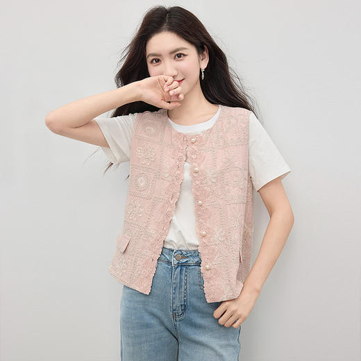 【年货节】熙世界国风蕾丝绣花马甲背心女夏薄款2025新中式圆领无袖坎肩上衣 商品图3