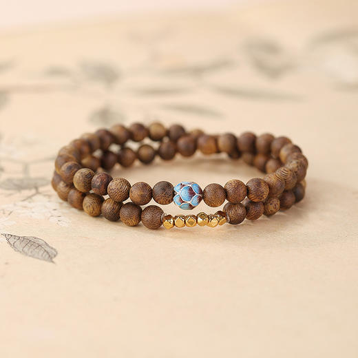 【莲香层染】S925纯银镀金沉香珐琅碎银莲花两圈叠戴圆珠弹力绳手串【CW-SL11805】 商品图0