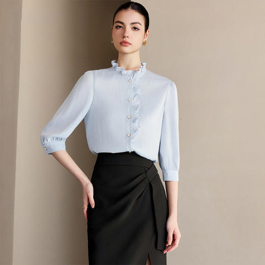 IWY/气质减龄蓝色衬衫女设计感圆领七分袖衬衣夏季新款工作服25B759 商品图2