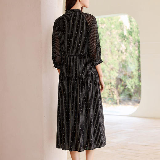 玳莎竖条纹印花真丝连衣裙2025年夏季新款轻薄双绉抽褶中长款裙子 FB35201 商品图2