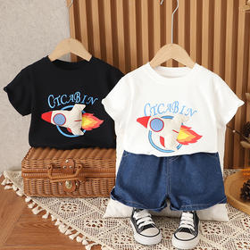 【火箭图案，可爱炫酷】潮童宝宝夏季新款 童装短袖小男孩服装 圆领牛仔短裤火箭两件套-QQ