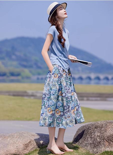 韩系短袖针织t恤衫套装裙，绝美碎花半身裙两件套YLN1337-1 商品图1