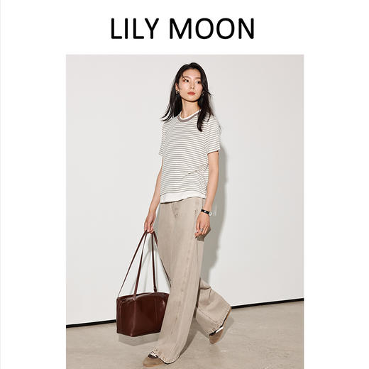 LILYMOON【条纹撞色短袖T】天丝羊毛双层领拼接T恤 商品图2