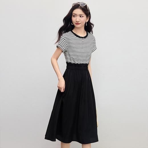 【专属特价】熙世界休闲条纹短袖拼接连衣裙假两件收腰显瘦裙子女夏季2025新款 商品图3