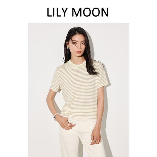 LILYMOON【条纹撞色短袖T】天丝羊毛双层领拼接T恤 商品图3