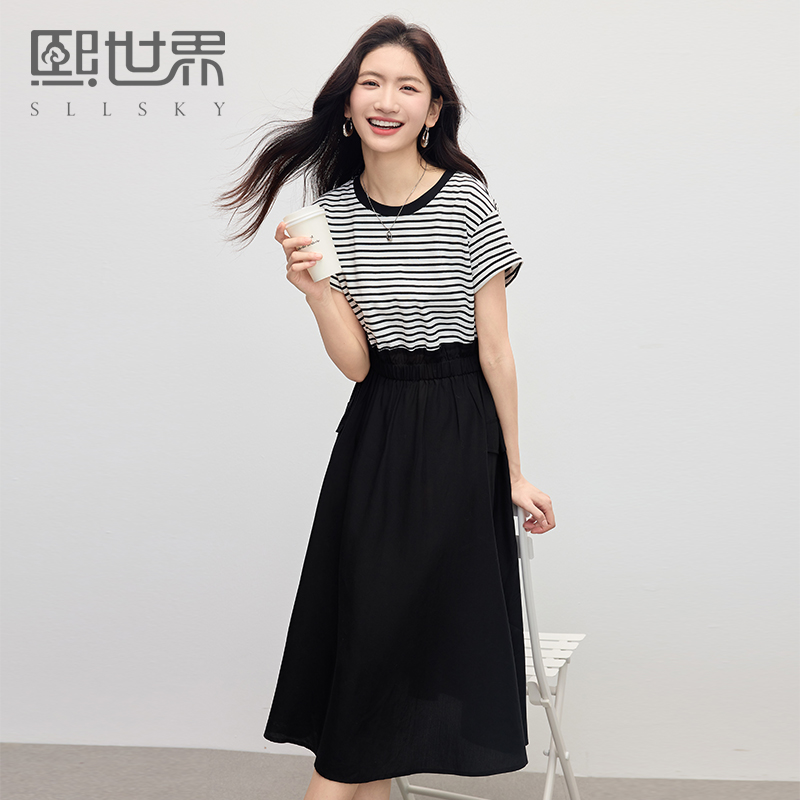 【专属特价】熙世界休闲条纹短袖拼接连衣裙假两件收腰显瘦裙子女夏季2025新款