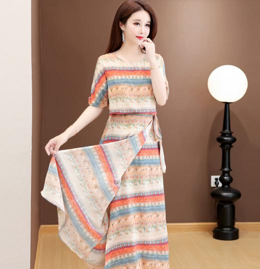 QYM 25DS667-L条纹印花连衣裙气质减龄系带收腰显瘦A字裙 商品图1