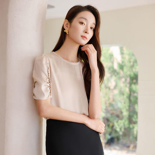 玳莎珠链圆领真丝衬衫女2025年夏季新款设计感优雅小众五分袖上衣  FB31104 商品图1