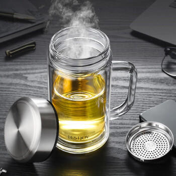 富光拾喜双层玻璃杯男女办公水杯 防烫带滤网大容量泡茶杯子520ml黑色 商品图2