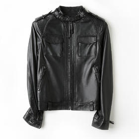 YM909500103 一米阳光Ameter sunlight 秋冬时尚防风立领真皮夹克落肩袖机车修身短款外套女式皮衣