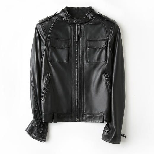 YM909500103 一米阳光Ameter sunlight 秋冬时尚防风立领真皮夹克落肩袖机车修身短款外套女式皮衣 商品图0