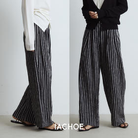 棉仓3531518023-IACHOE黑色亚麻条纹休闲裤