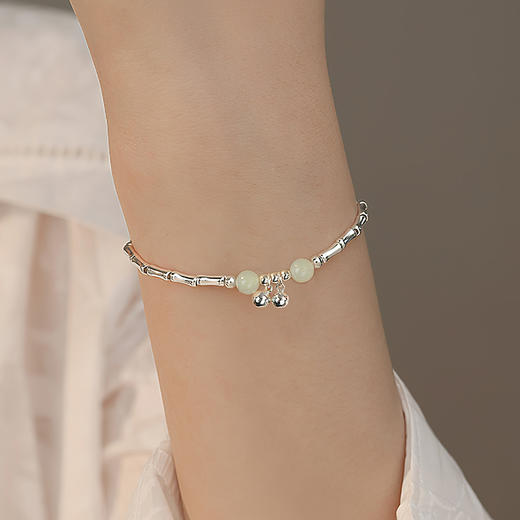 Winy925银竹节铃铛和田玉手链配证书送女友闺蜜节日生日礼物 商品图2