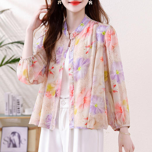 TZW-新款琉璃丝印花开衫防晒衣2025夏设计感气质减龄宽松休闲衬衣批发 商品图2