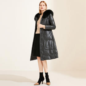 JTAD011500002GA JUZUI/玖姿 时尚狐狸毛领中长款保暖真皮皮衣羽绒服女