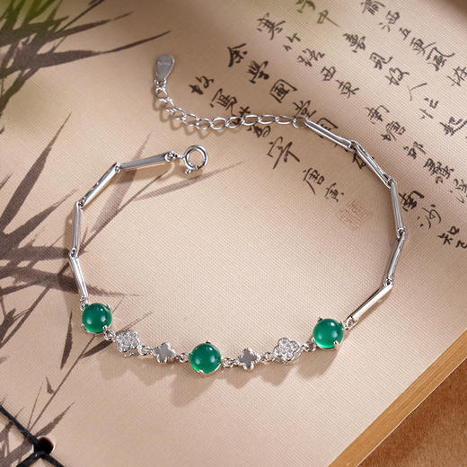 子佩集S925银【四叶碧波】手链【SL011317】纯银绿玉髓四叶草2505 商品图1