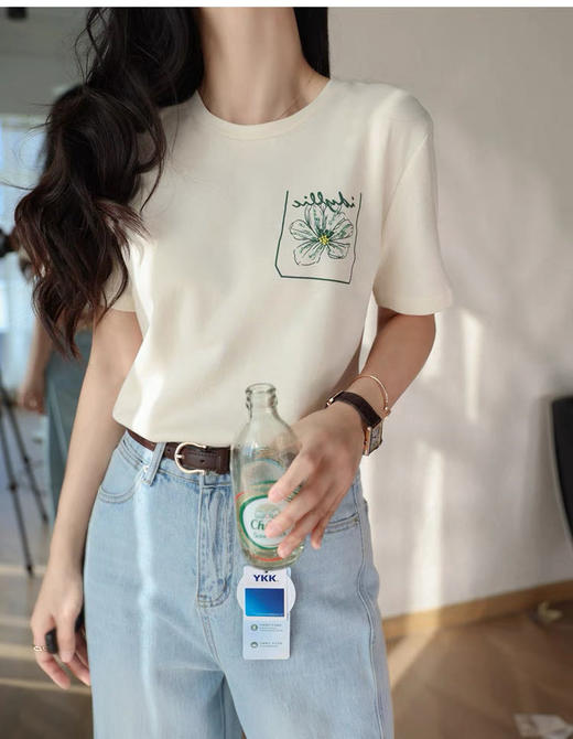 ✨朗家同款精梳棉【印花钉珠花卉圆领短袖】清爽简单的夏日短袖T，100%棉 商品图1