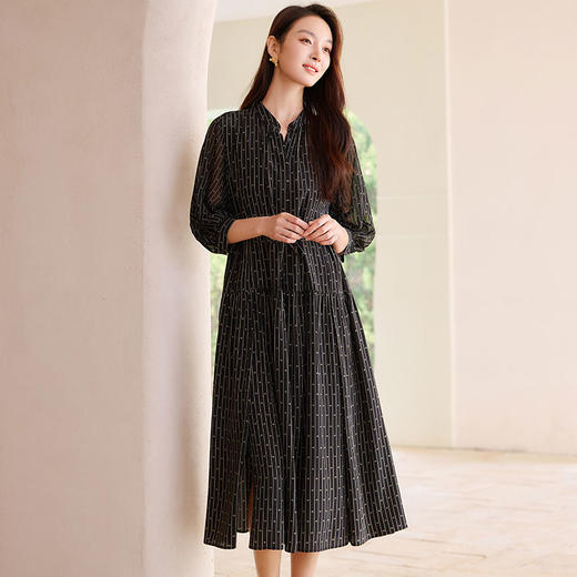 玳莎竖条纹印花真丝连衣裙2025年夏季新款轻薄双绉抽褶中长款裙子 FB35201 商品图0