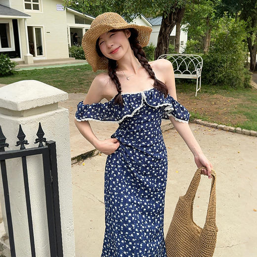 西遇两穿吊带连衣裙女夏季新款蕾丝花边抹胸鱼尾修身碎花长裙SS050670 商品图2