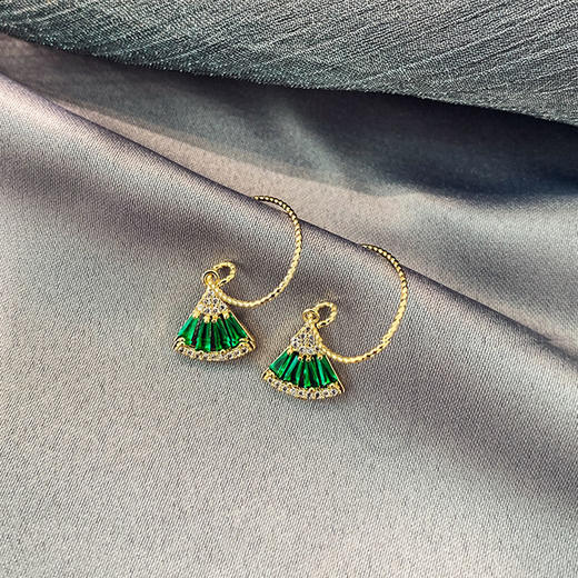 PIARA法式复古耳圈耳环气质锆石祖母绿扇影耳坠女微镶耳饰EAB0003 商品图3