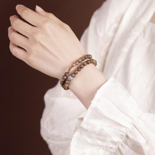 【莲香层染】S925纯银镀金沉香珐琅碎银莲花两圈叠戴圆珠弹力绳手串【CW-SL11805】 商品图3