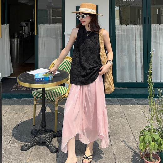 西遇网纱半身裙套装女夏季新款法式小资流苏无袖上衣两件套SS050678/SS050679 商品图1