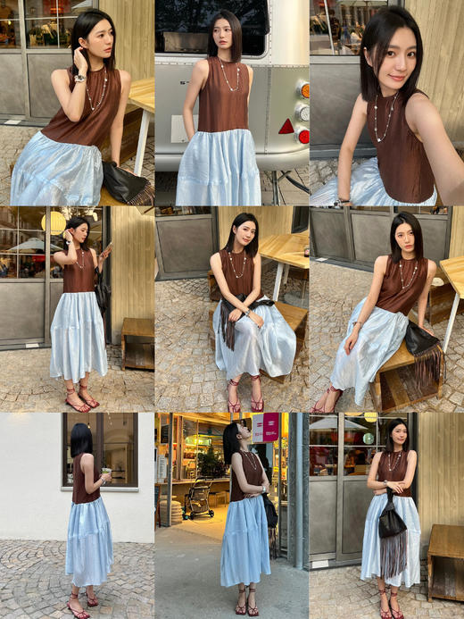 HIDEMI极简设计感圆领艺术波纹缎面拼接撞色灯笼式立体剪裁连衣裙 商品图1