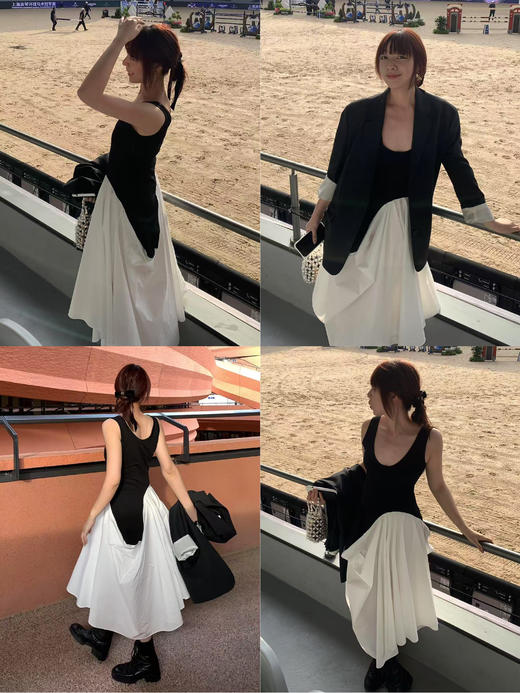 HIDEMI极简不对称立裁设计感花苞式黑白撞色背心连衣裙长裙 商品图4