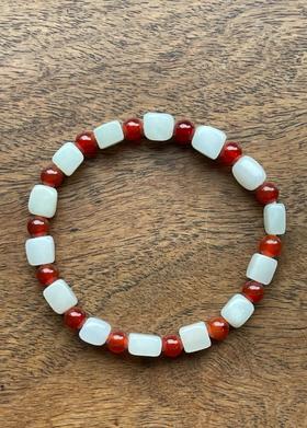 白玉方形珠与红玉髓珠手链，顺丰包邮