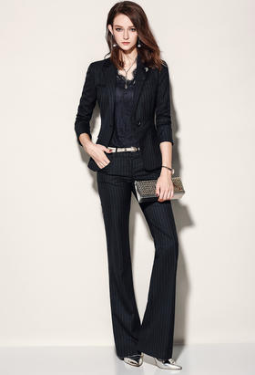 J81A1844B颈袖添香春秋新款时尚气质正装修身藏青条纹职业装女装套装J81A1844B